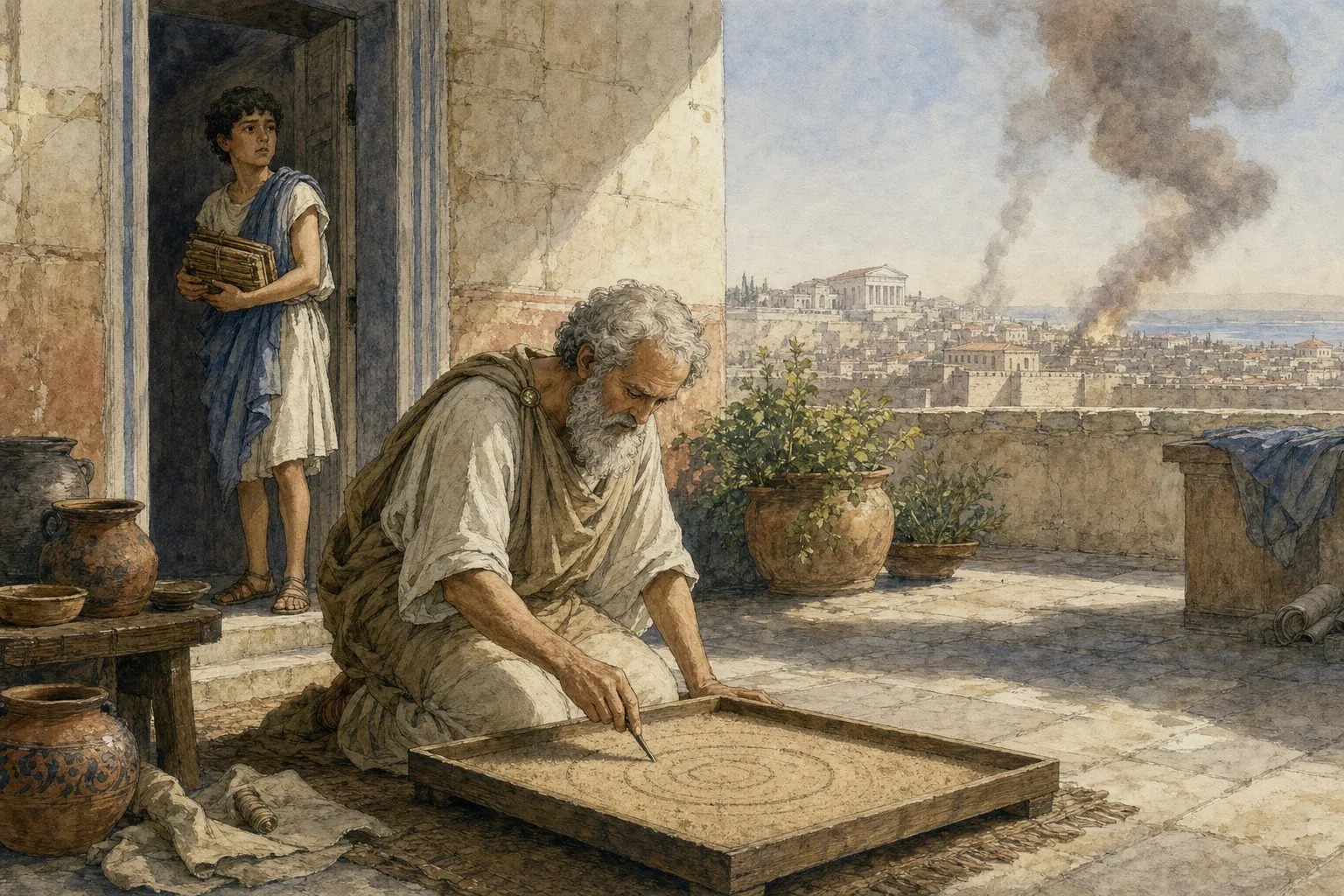 Archimedes drawing circles in a sand tray while Syracuse burns